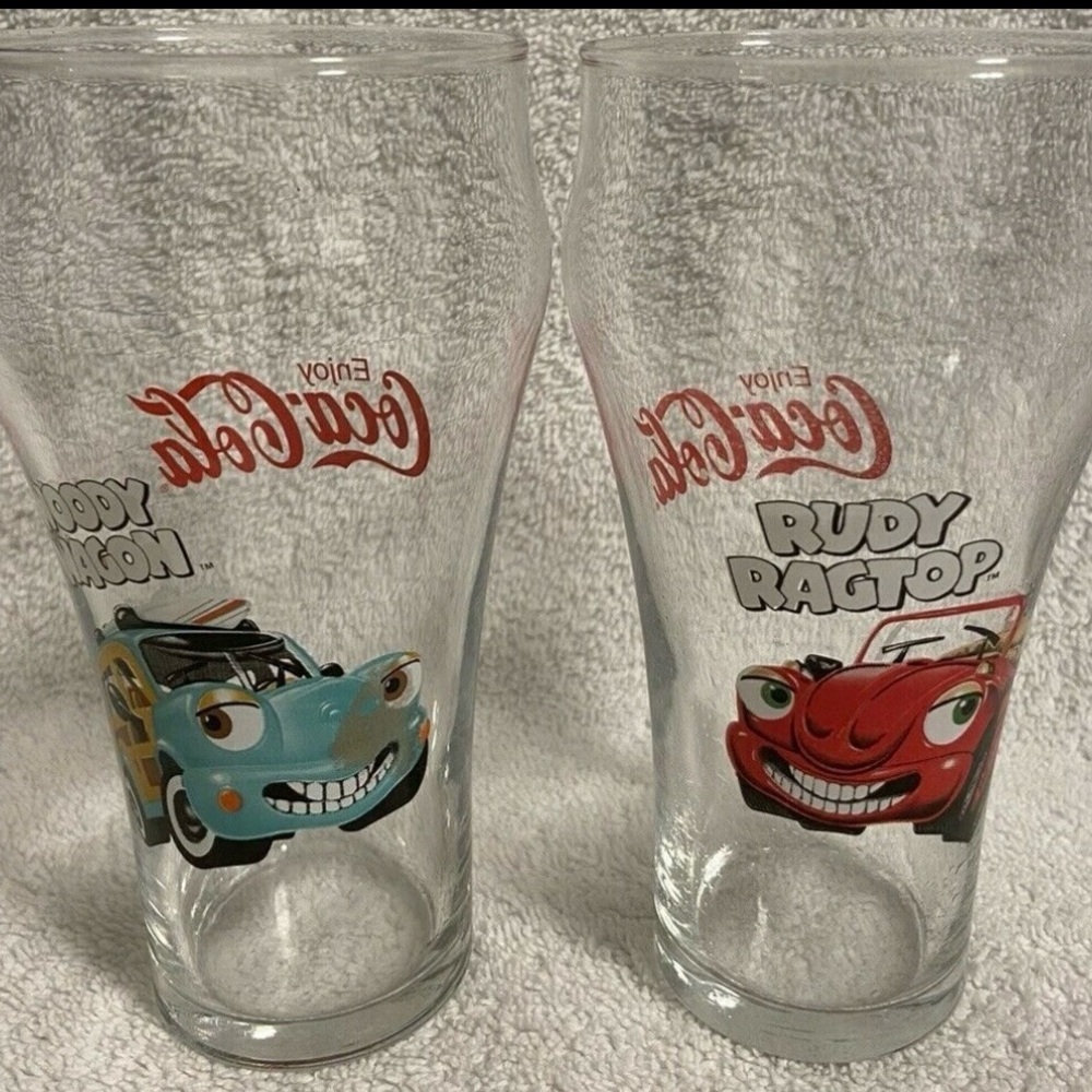 Lot 2 Coca Cola Rudy Ragtop & Woody Wagon Glasses Promo 6" Coke Glasses